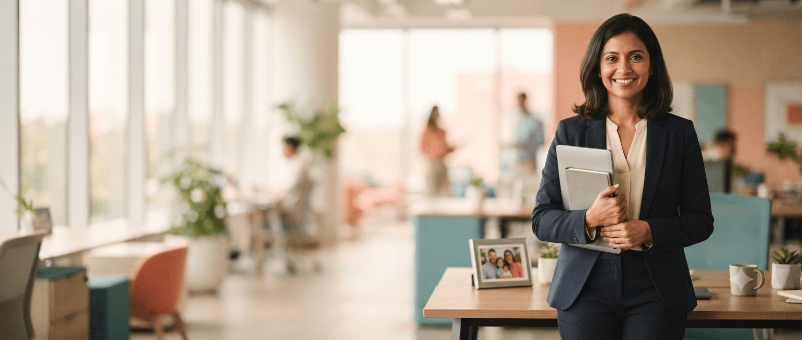Professional mother holding a tablet in her workplace